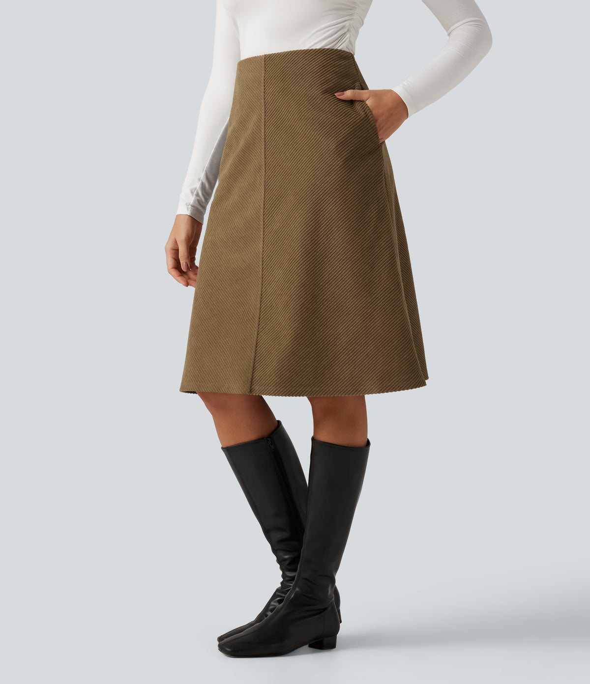 Mid Rise A-Line Corduroy Midi Work Skirt with Pockets — Butternut — view 3