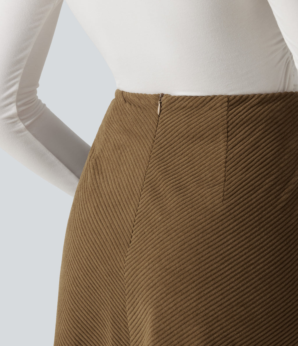 Mid Rise A-Line Corduroy Midi Work Skirt with Pockets — Butternut — view 5
