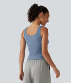 Ribbed Knit U Neck Built-in Bra Lounge Tank Top — Deep Aqua — view 2