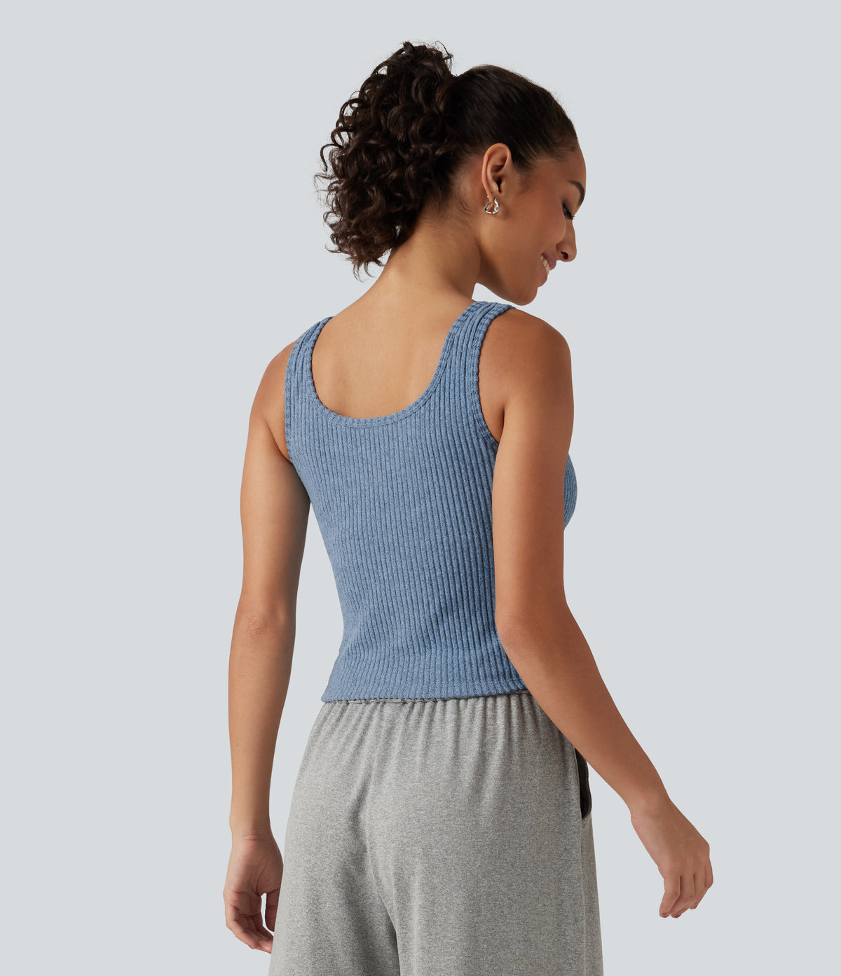 Ribbed Knit U Neck Built-in Bra Lounge Tank Top — Deep Aqua — view 2