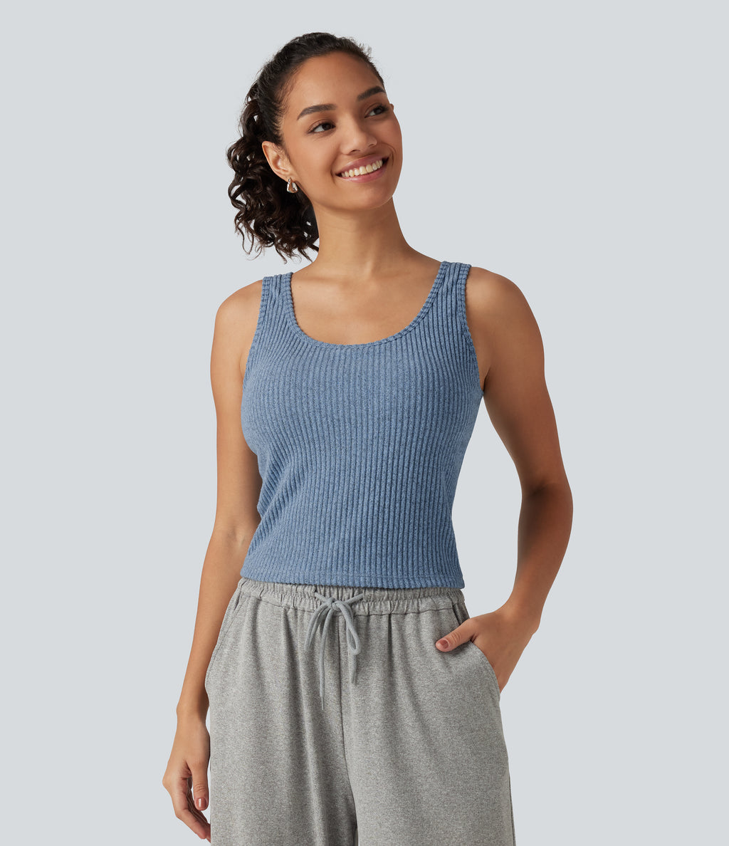 Ribbed Knit U Neck Built-in Bra Lounge Tank Top — Deep Aqua — view 3