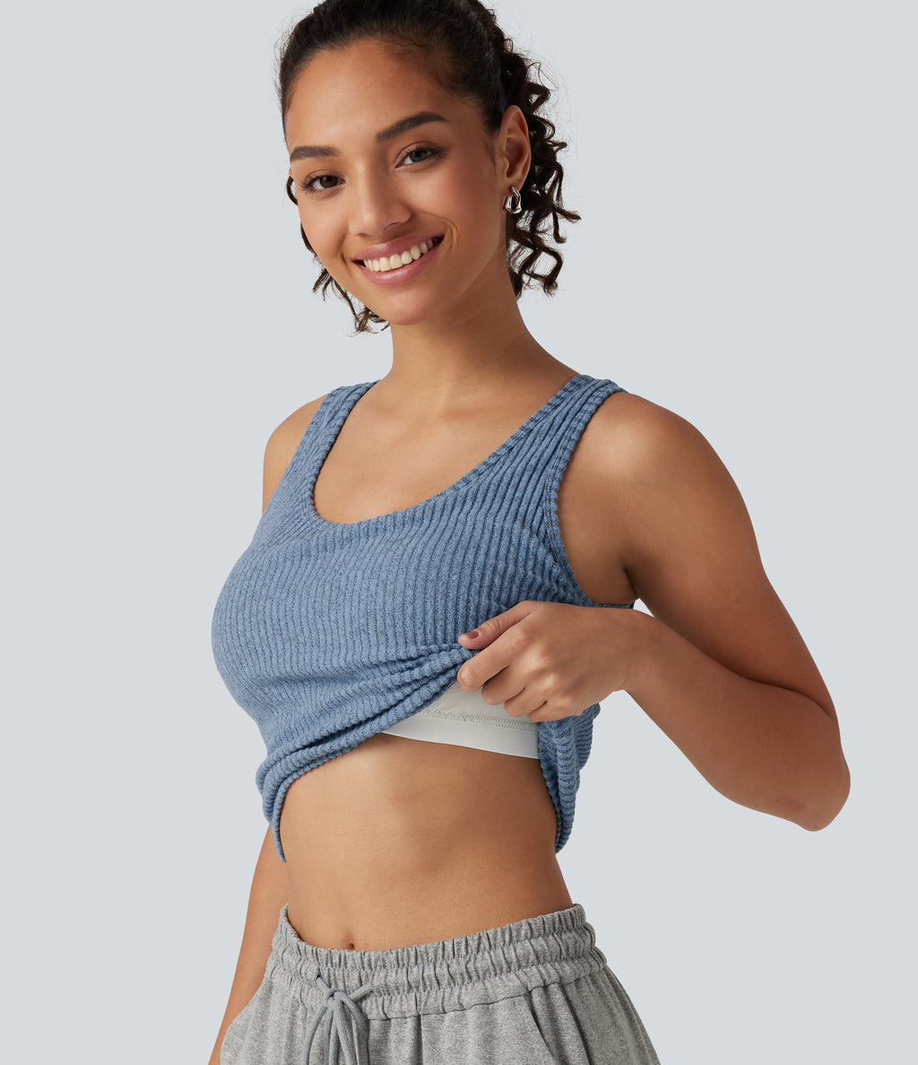 Ribbed Knit U Neck Built-in Bra Lounge Tank Top — Deep Aqua — view 1