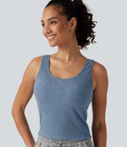 Ribbed Knit U Neck Built-in Bra Lounge Tank Top — Deep Aqua — view 5