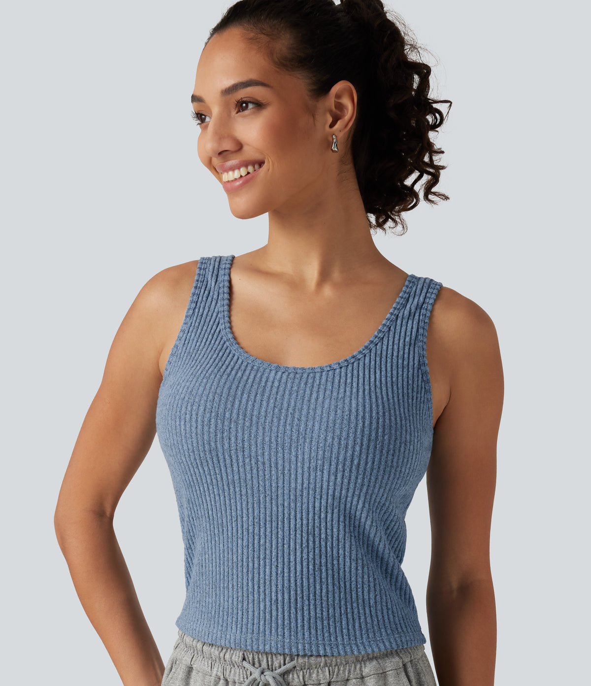 Ribbed Knit U Neck Built-in Bra Lounge Tank Top — Deep Aqua — view 5