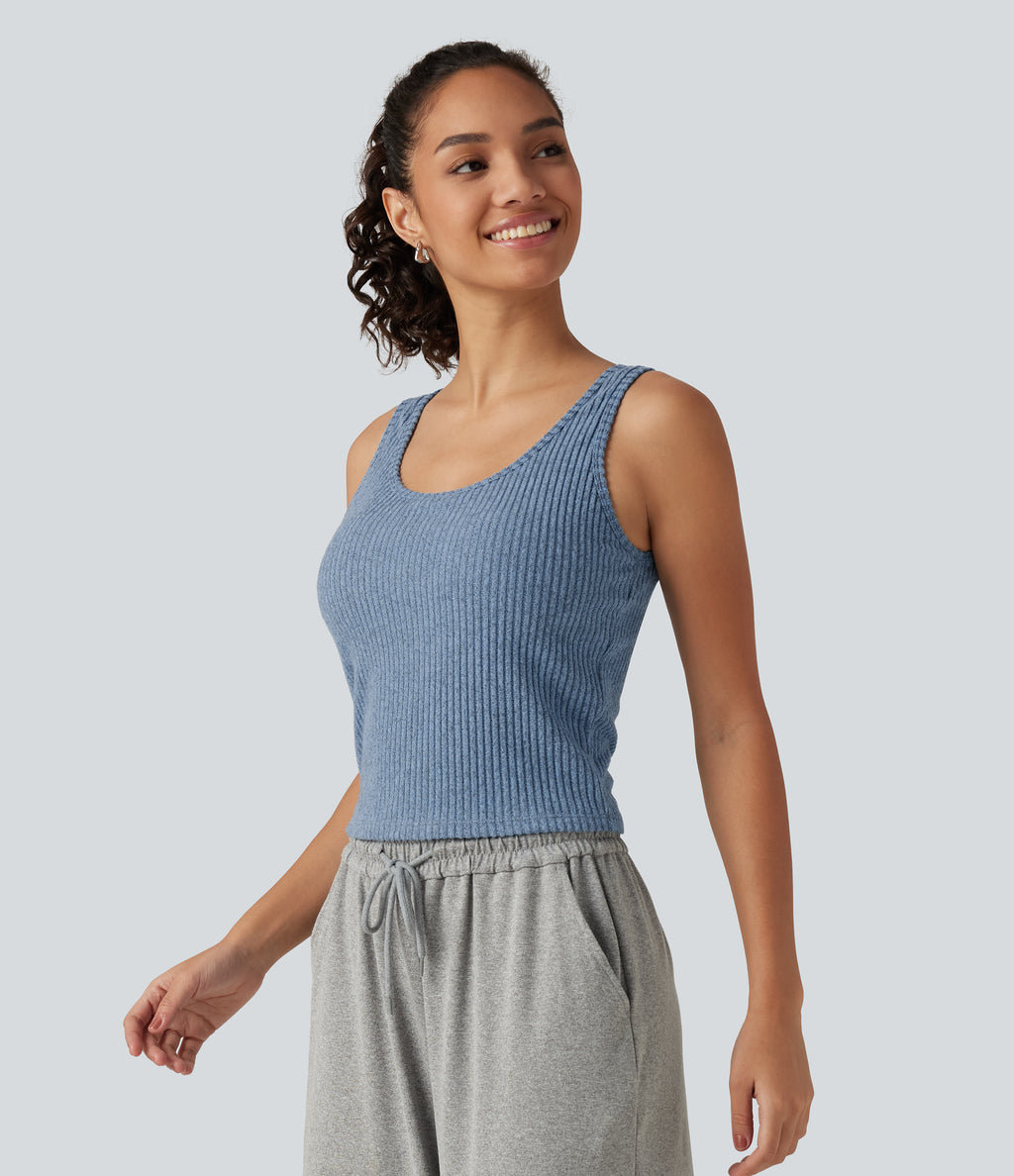 Ribbed Knit U Neck Built-in Bra Lounge Tank Top — Deep Aqua — view 4