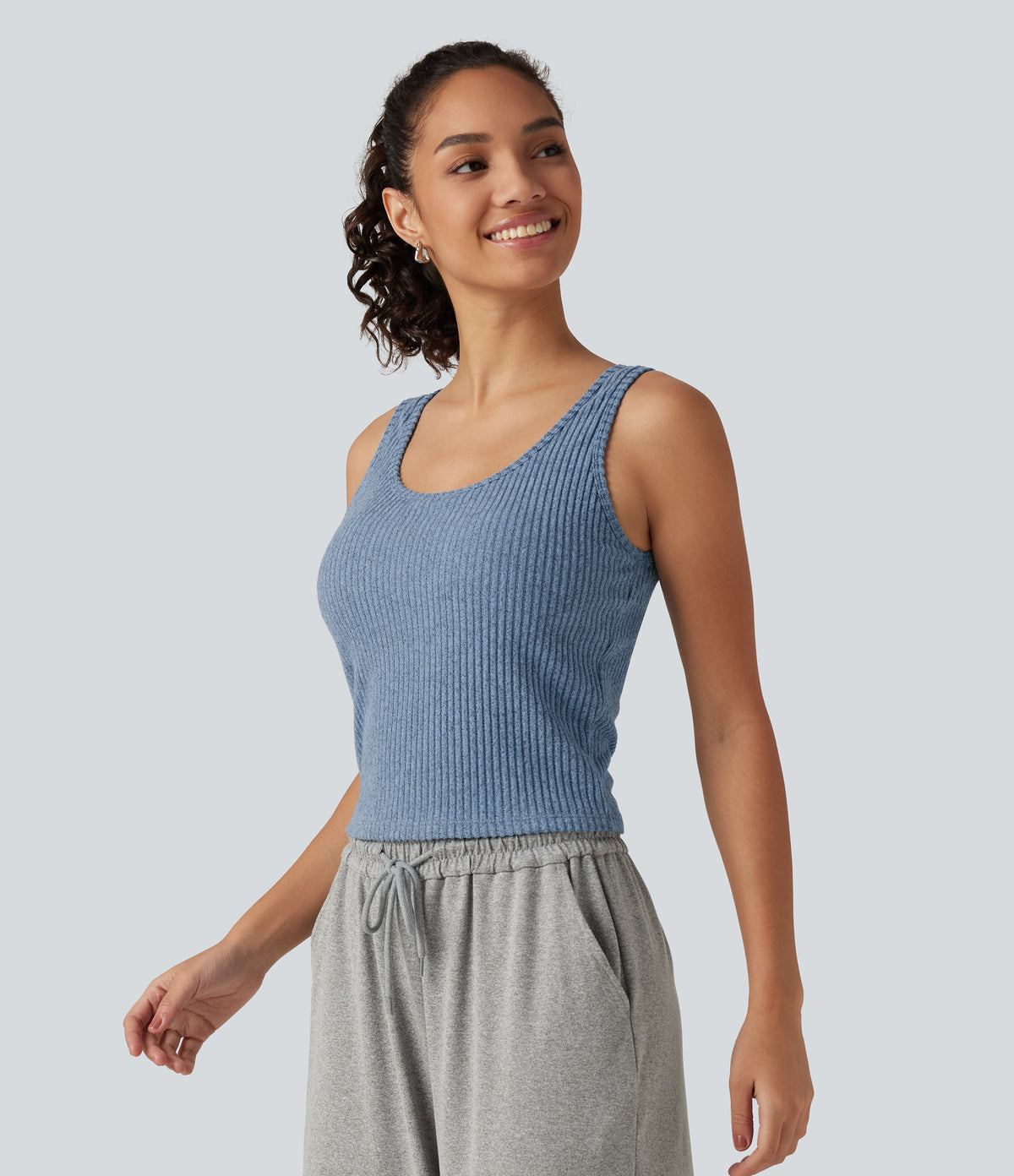 Ribbed Knit U Neck Built-in Bra Lounge Tank Top — Deep Aqua — view 4