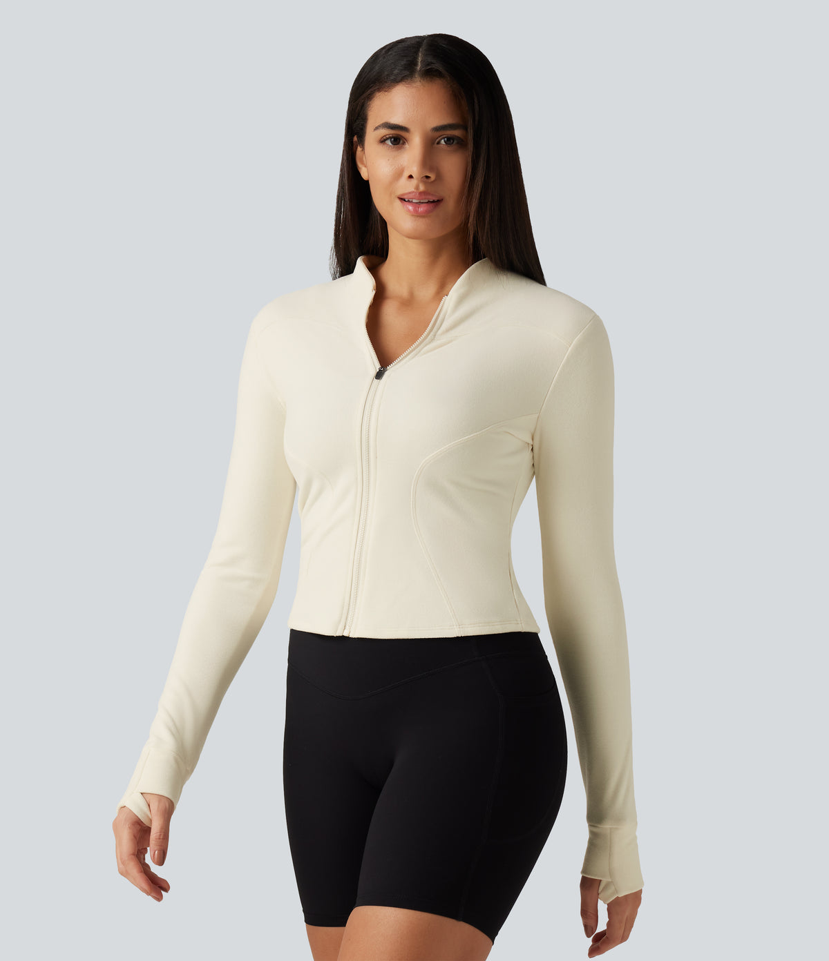 Stand Collar Long Sleeve Thumb Hole Yoga Jacket with Pockets — Filtered Sun — view 3