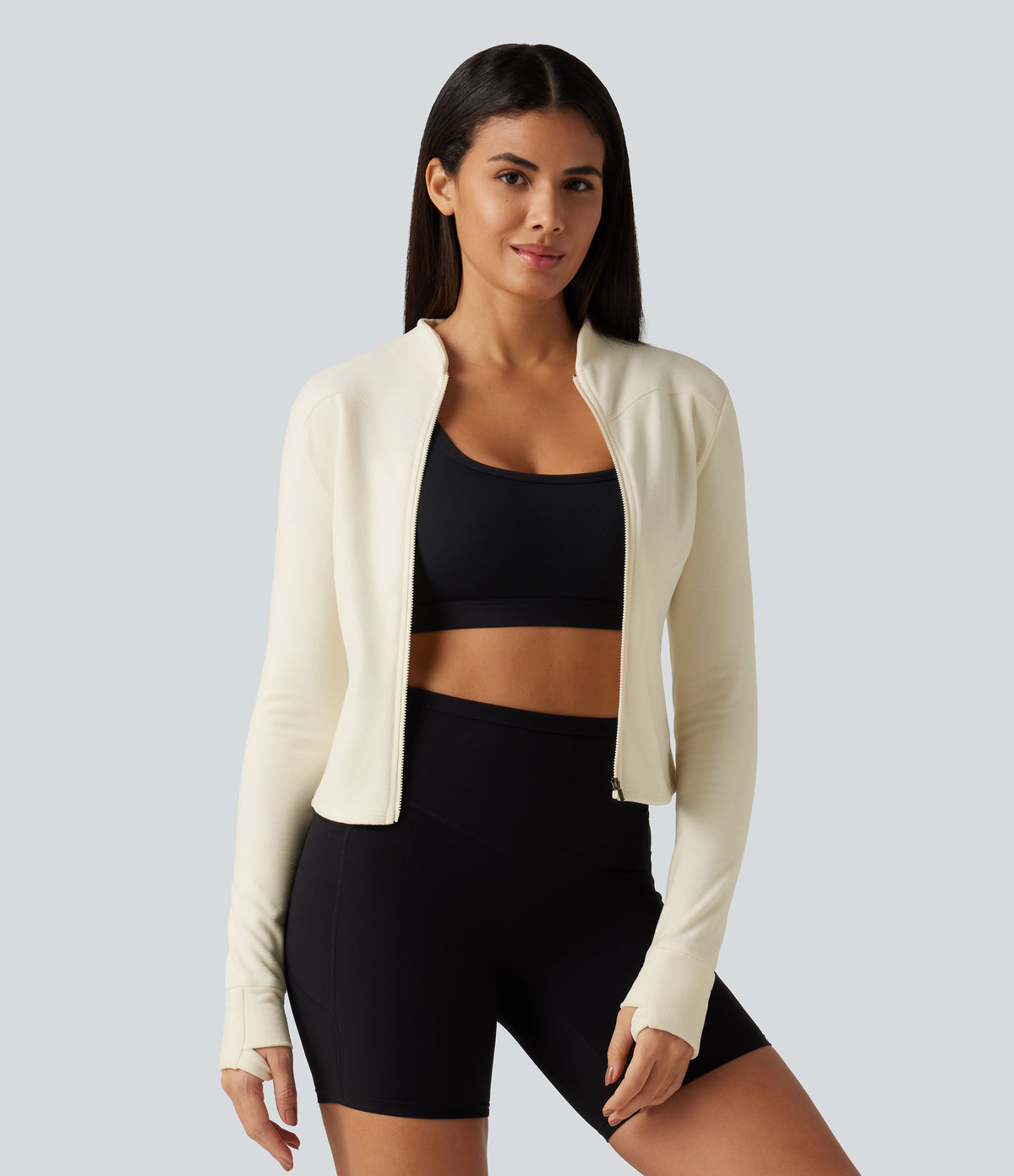 Stand Collar Long Sleeve Thumb Hole Yoga Jacket with Pockets — Filtered Sun — view 5