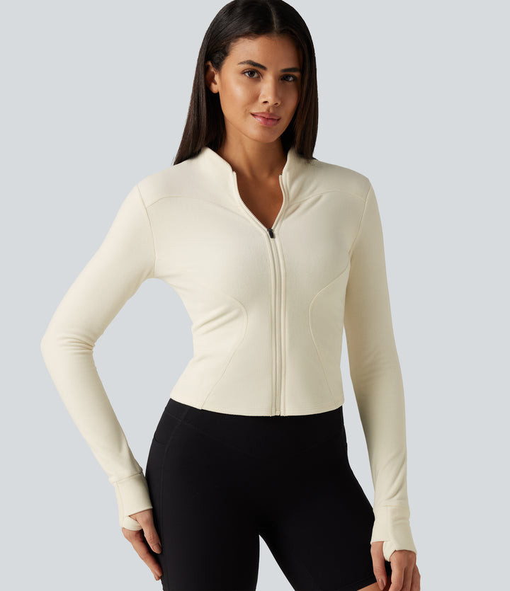 Stand Collar Long Sleeve Thumb Hole Yoga Jacket with Pockets — Filtered Sun — view 1