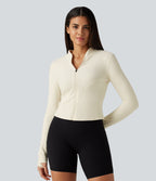Stand Collar Long Sleeve Thumb Hole Yoga Jacket with Pockets — Filtered Sun — view 4