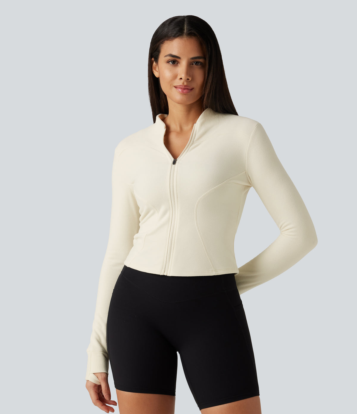 Stand Collar Long Sleeve Thumb Hole Yoga Jacket with Pockets — Filtered Sun — view 4