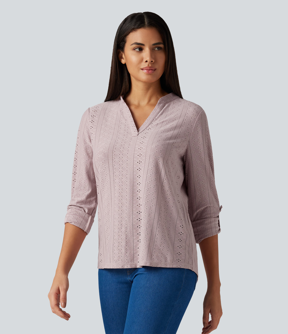 V Neck Long Sleeve Eyelet Casual Top — Pearl Pink — view 4