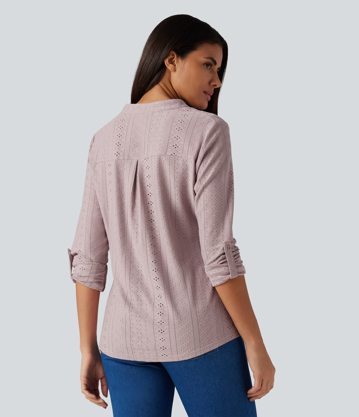 V Neck Long Sleeve Eyelet Casual Top — Pearl Pink — view 2