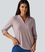 V Neck Long Sleeve Eyelet Casual Top — Pearl Pink — view 1