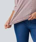 V Neck Long Sleeve Eyelet Casual Top — Pearl Pink — view 7