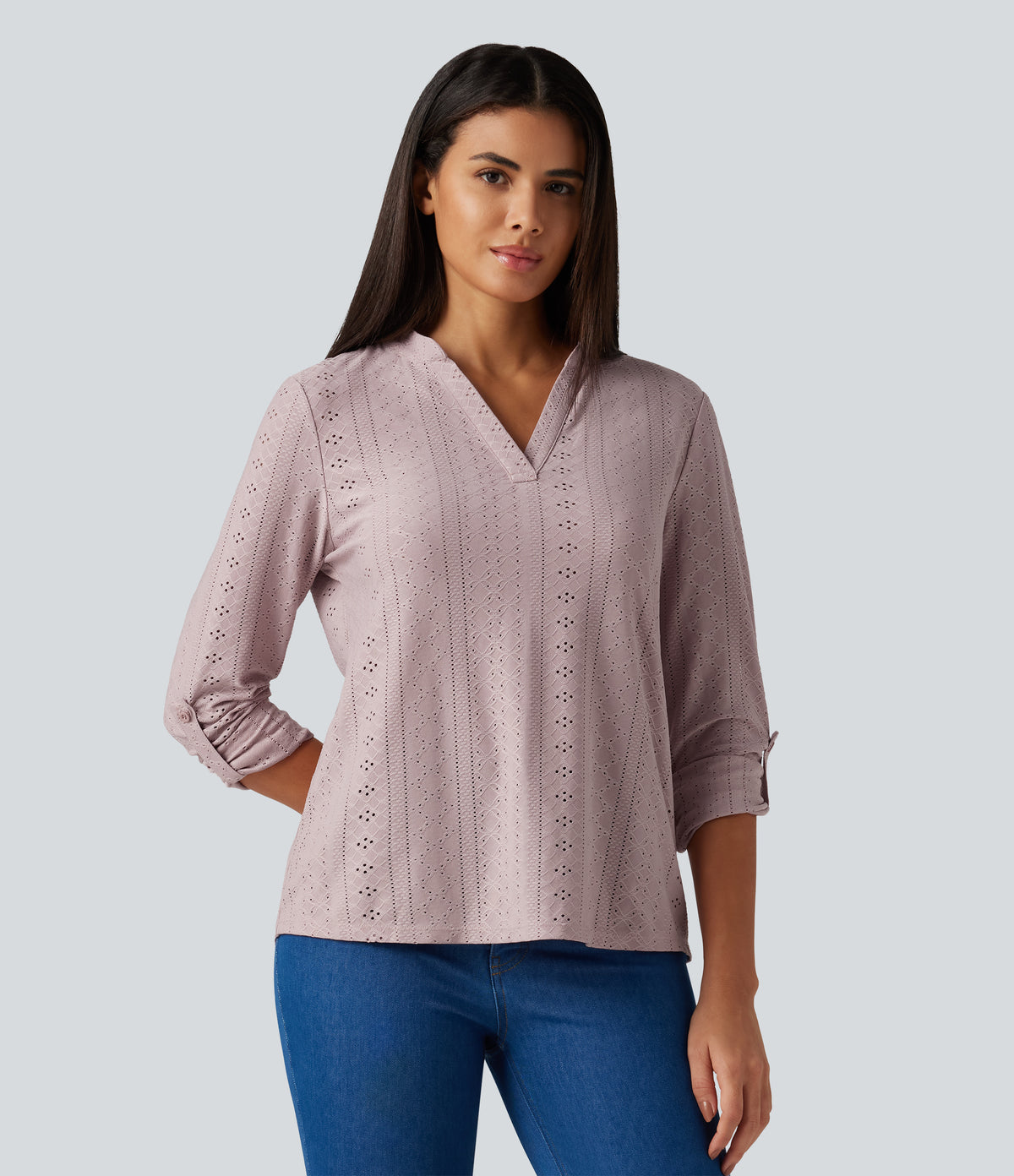 V Neck Long Sleeve Eyelet Casual Top — Pearl Pink — view 3