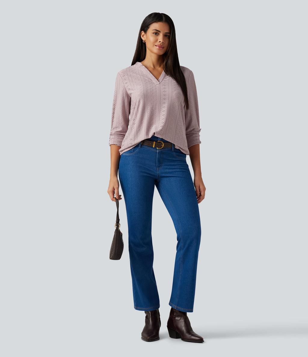 V Neck Long Sleeve Eyelet Casual Top — Pearl Pink — view 8