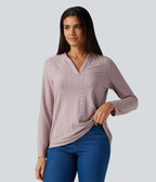 V Neck Long Sleeve Eyelet Casual Top — Pearl Pink — view 5