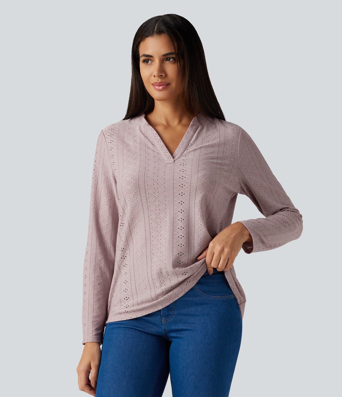 V Neck Long Sleeve Eyelet Casual Top — Pearl Pink — view 5