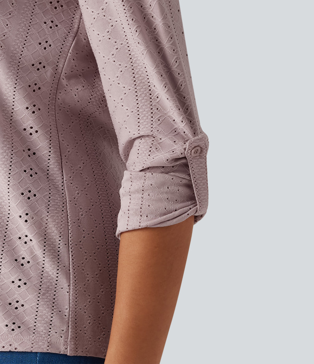 V Neck Long Sleeve Eyelet Casual Top — Pearl Pink — view 6