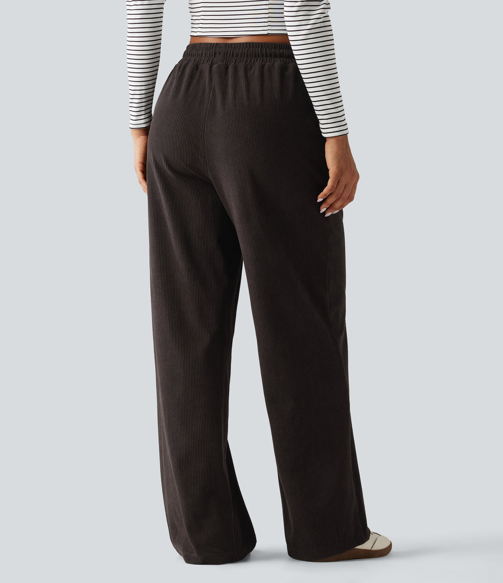 High Waisted Drawstring Straight Leg Corduroy Casual Trousers with Pockets — Chocolate Brown — view 2