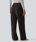 High Waisted Drawstring Straight Leg Corduroy Casual Trousers with Pockets — Chocolate Brown — view 2