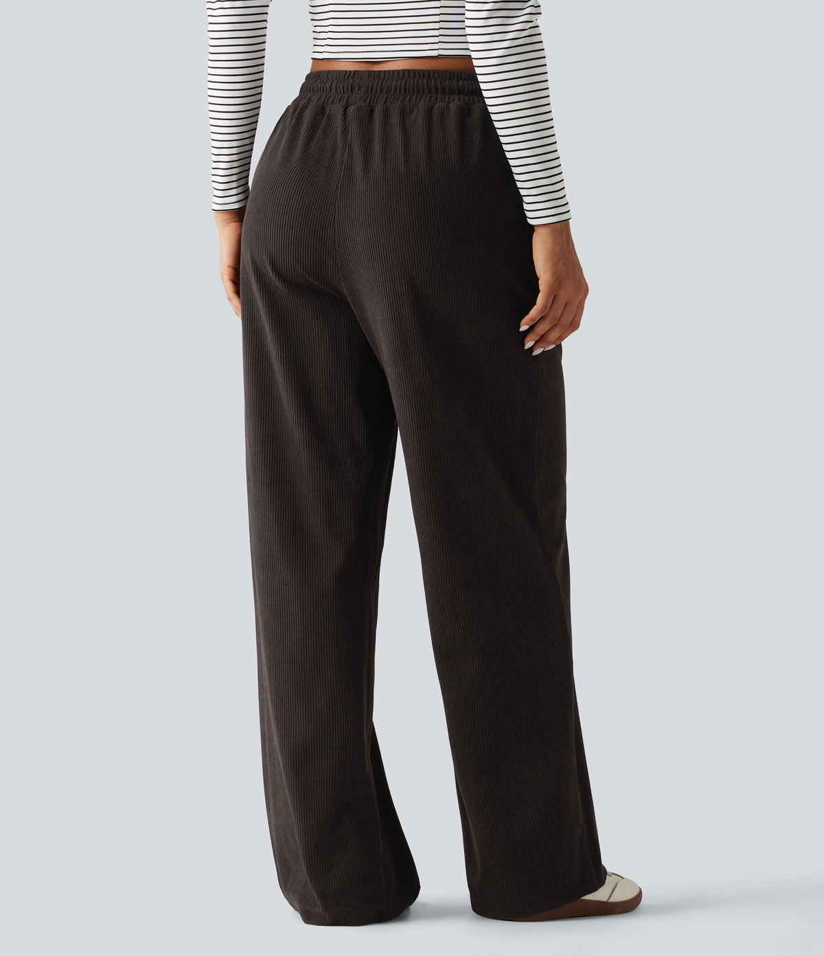 High Waisted Drawstring Straight Leg Corduroy Casual Trousers with Pockets — Chocolate Brown — view 2