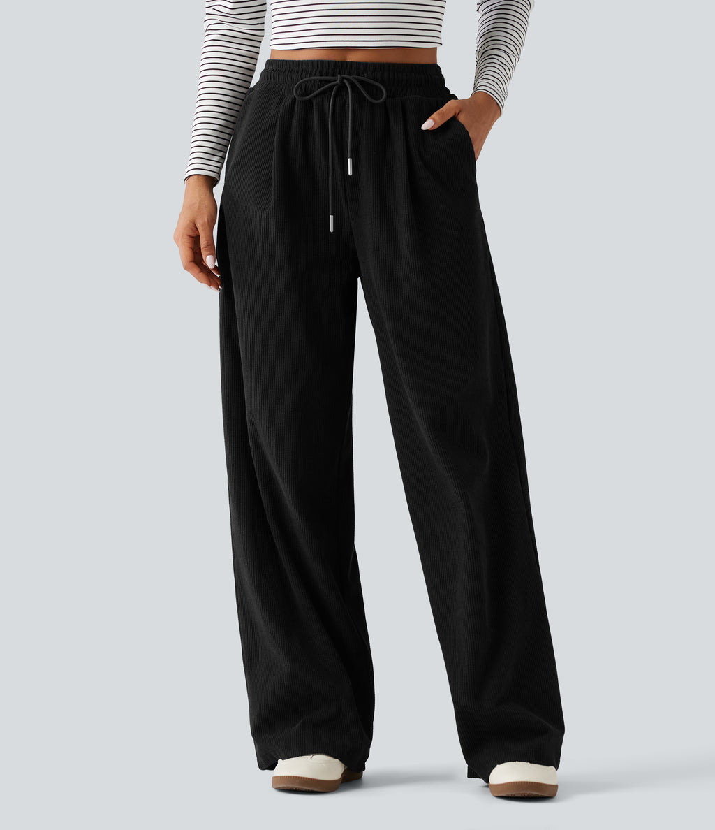High Waisted Drawstring Straight Leg Corduroy Casual Trousers with Pockets — Black — view 6