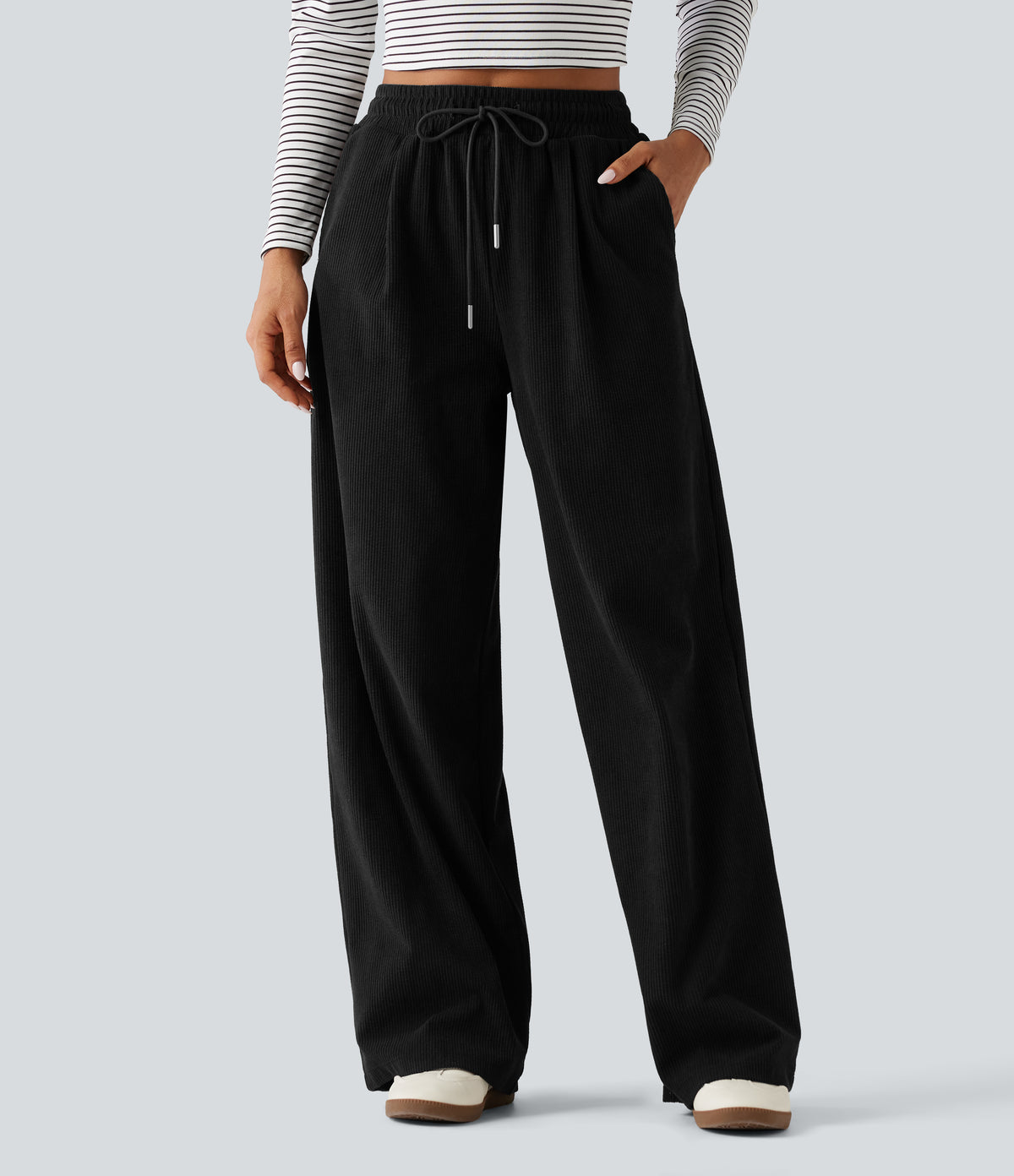 High Waisted Drawstring Straight Leg Corduroy Casual Trousers with Pockets — Black — view 6