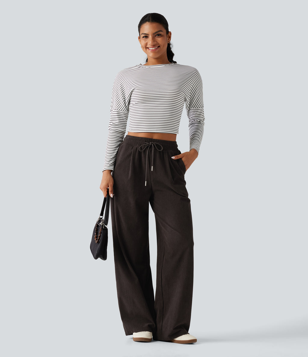 High Waisted Drawstring Straight Leg Corduroy Casual Trousers with Pockets — Chocolate Brown — view 5