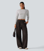 High Waisted Drawstring Straight Leg Corduroy Casual Trousers with Pockets — Chocolate Brown — view 5