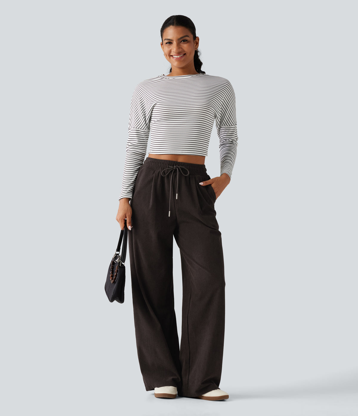 High Waisted Drawstring Straight Leg Corduroy Casual Trousers with Pockets — Chocolate Brown — view 5
