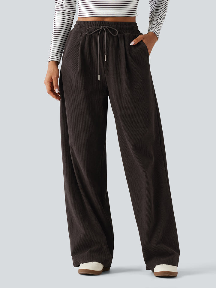 High Waisted Drawstring Straight Leg Corduroy Casual Trousers with Pockets — Chocolate Brown — view 1