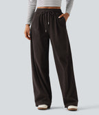 High Waisted Drawstring Straight Leg Corduroy Casual Trousers with Pockets — Chocolate Brown — view 1