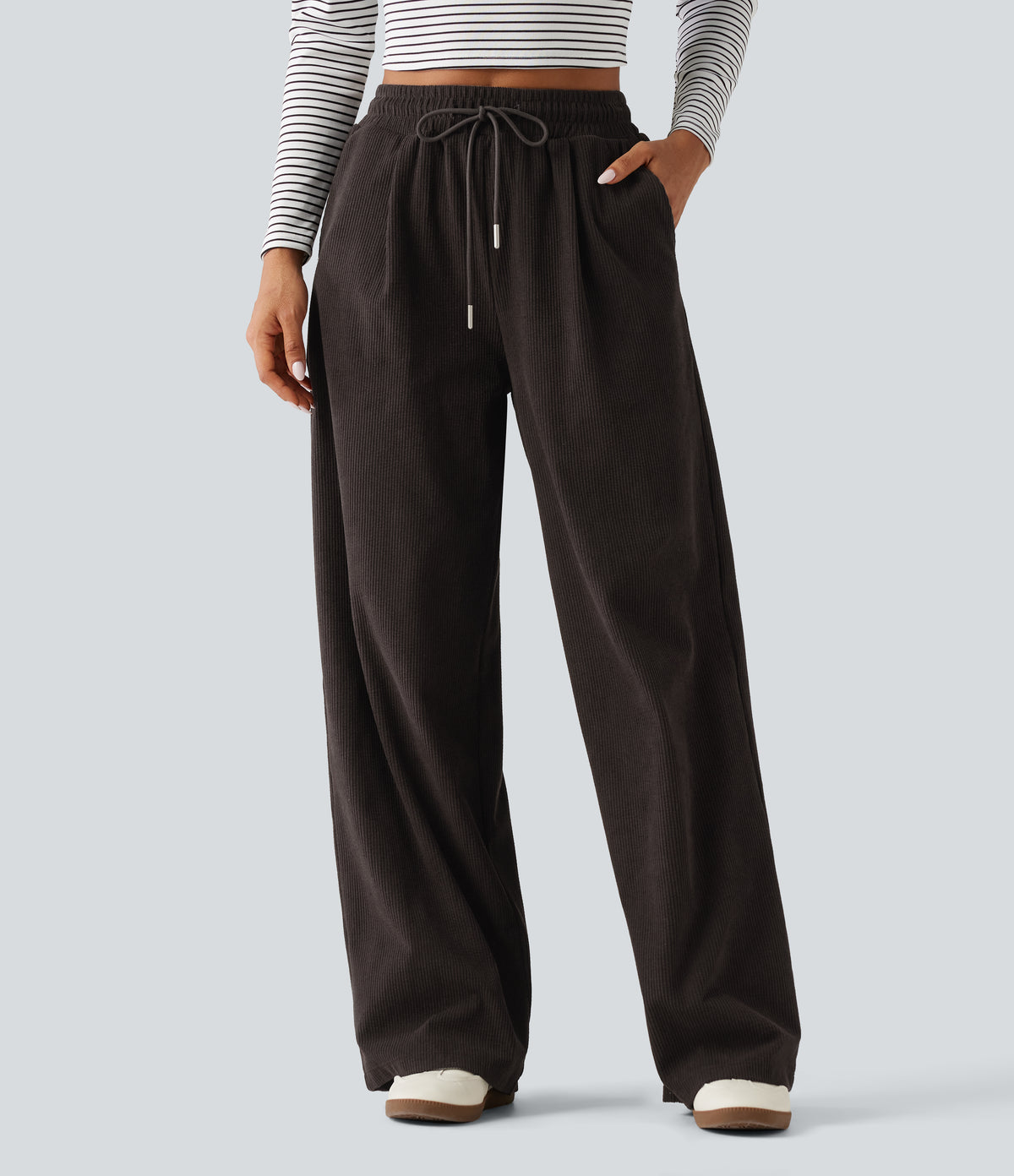 High Waisted Drawstring Straight Leg Corduroy Casual Trousers with Pockets — Chocolate Brown — view 1
