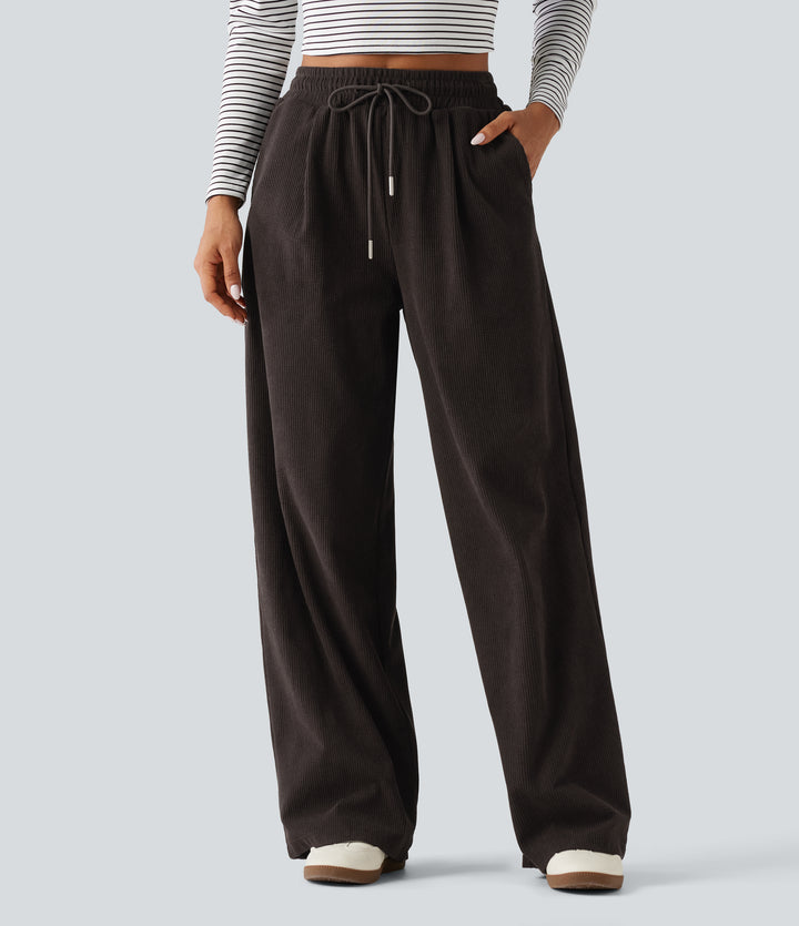 High Waisted Drawstring Straight Leg Corduroy Casual Trousers with Pockets — Chocolate Brown — view 1