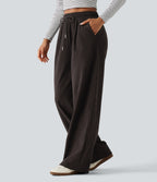 High Waisted Drawstring Straight Leg Corduroy Casual Trousers with Pockets — Chocolate Brown — view 3