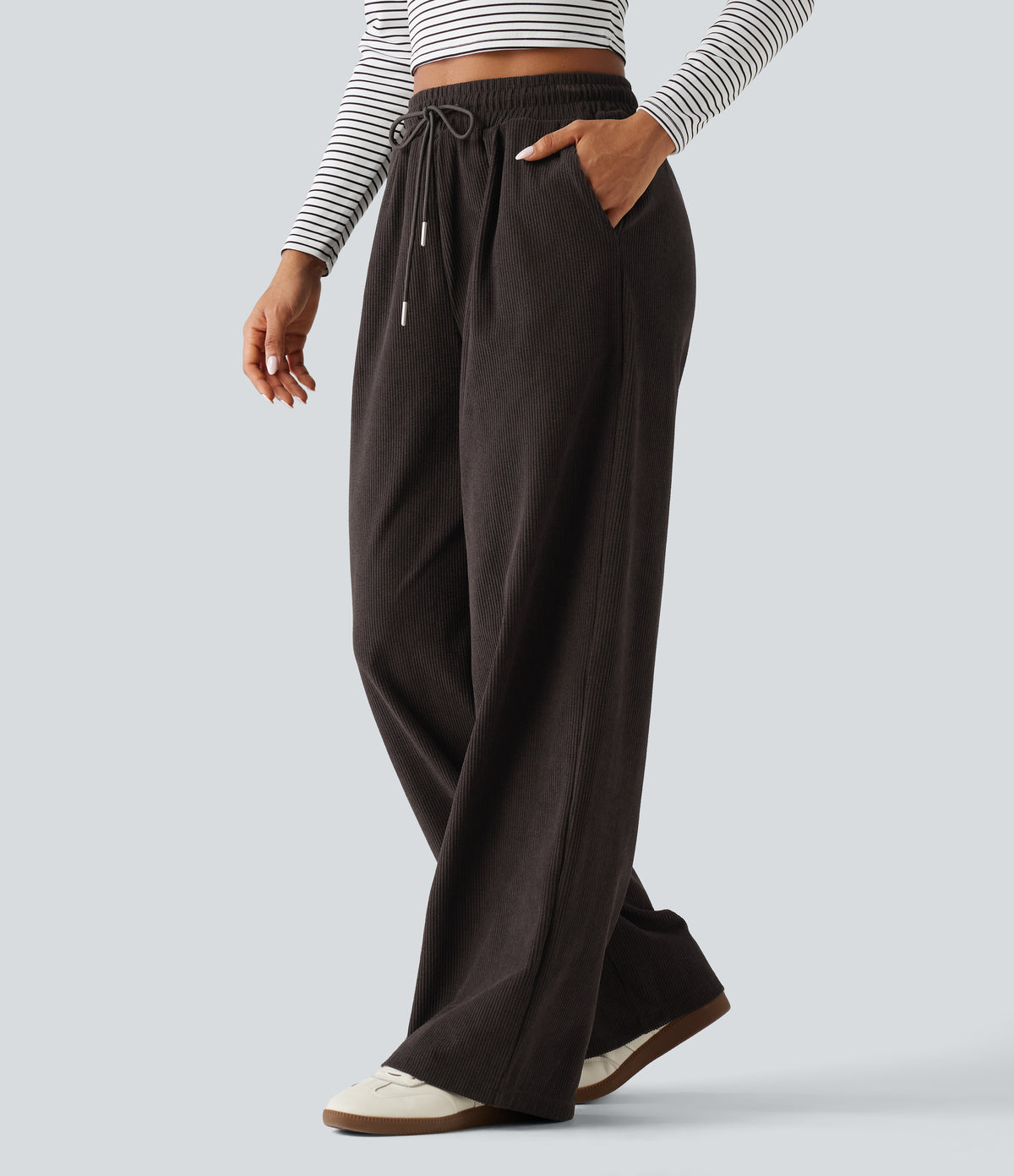 High Waisted Drawstring Straight Leg Corduroy Casual Trousers with Pockets — Chocolate Brown — view 3