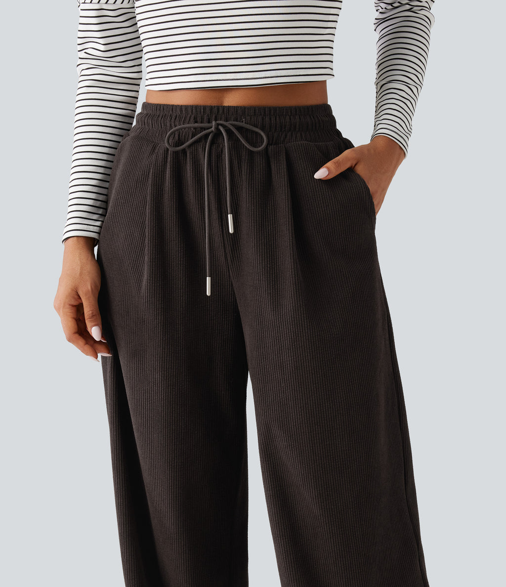 High Waisted Drawstring Straight Leg Corduroy Casual Trousers with Pockets — Chocolate Brown — view 4