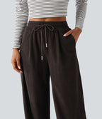 High Waisted Drawstring Straight Leg Corduroy Casual Trousers with Pockets — Chocolate Brown — view 4