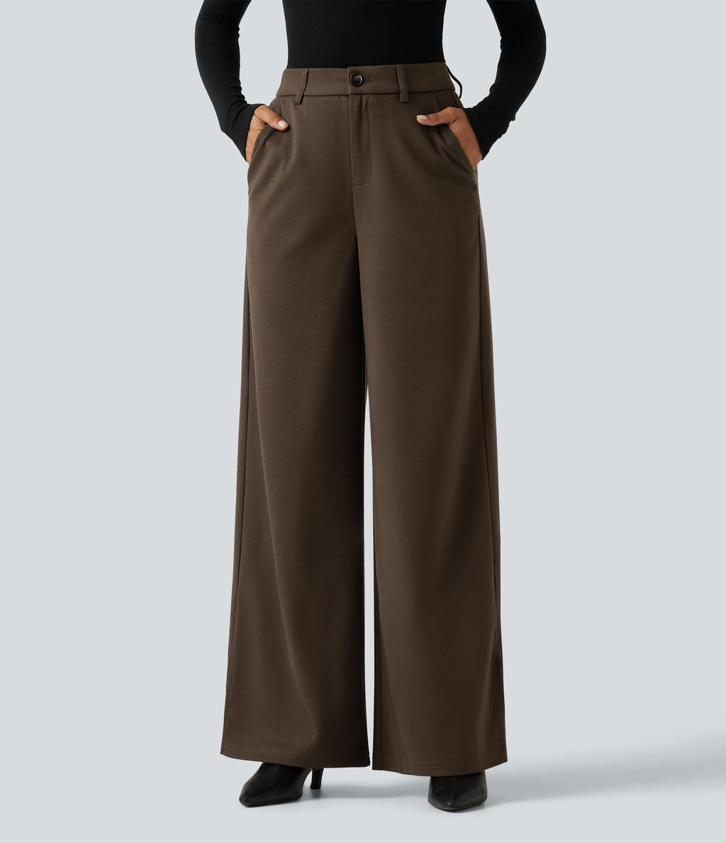 High Waisted Wide Leg Work Trousers with Pockets — Demitasse — view 1