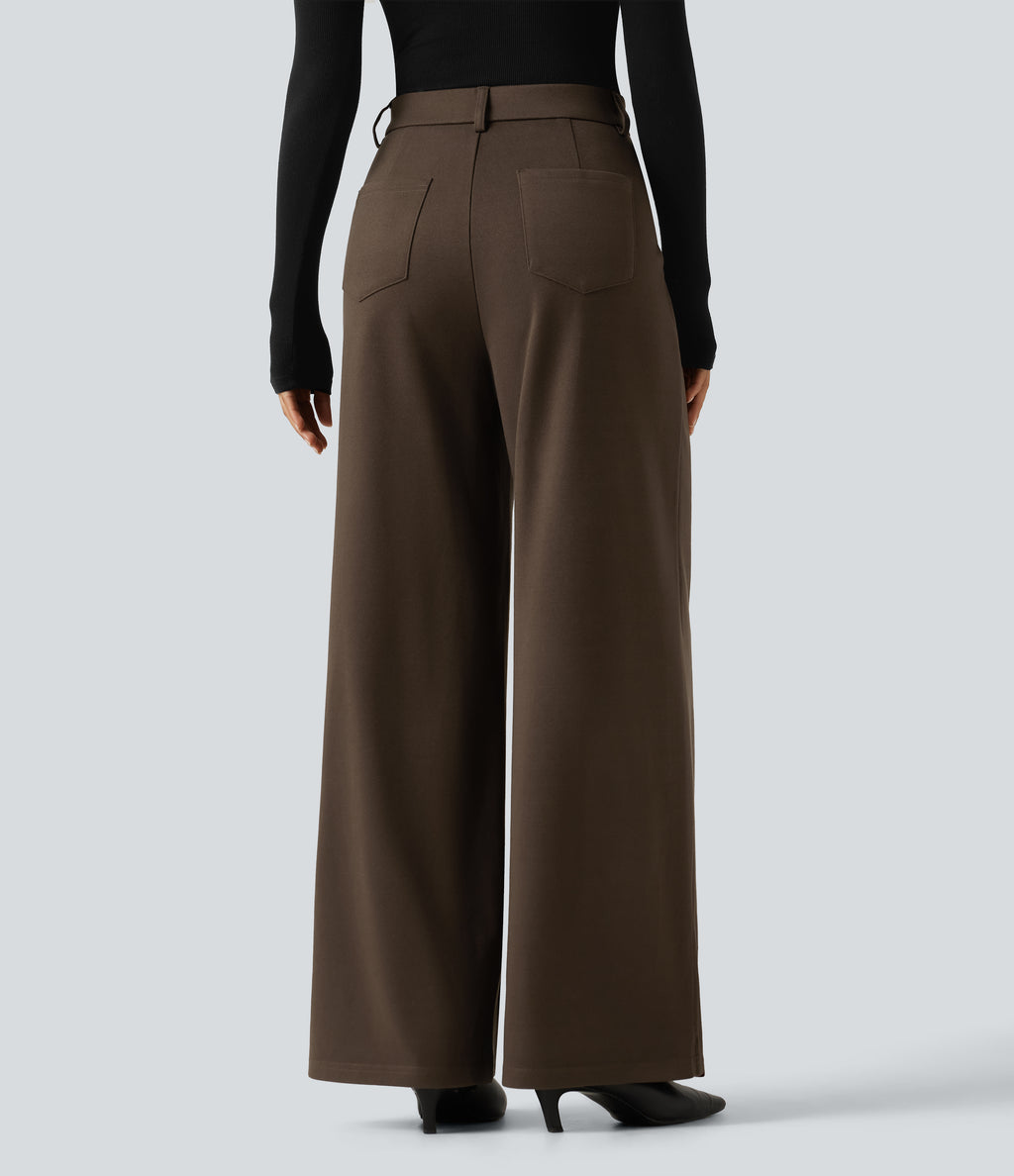 High Waisted Wide Leg Work Trousers with Pockets — Demitasse — view 2