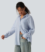 Long Sleeve Curved Hem Stripe Work Linen-Feel Shirt with Pocket — Seven Seas - Nautical Blue & White Stripes — view 3