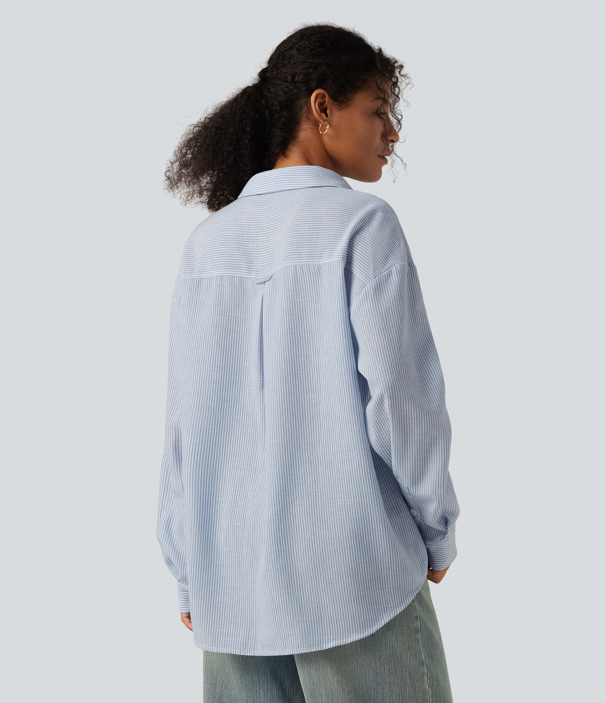 Long Sleeve Curved Hem Stripe Work Linen-Feel Shirt with Pocket — Seven Seas - Nautical Blue & White Stripes — view 2