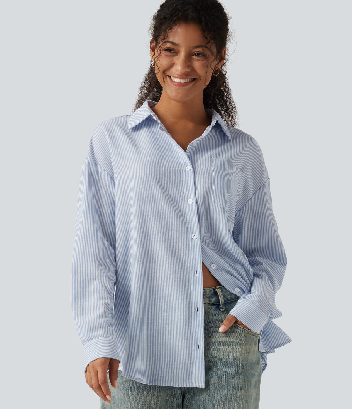 Long Sleeve Curved Hem Stripe Work Linen-Feel Shirt with Pocket — Seven Seas - Nautical Blue & White Stripes — view 1