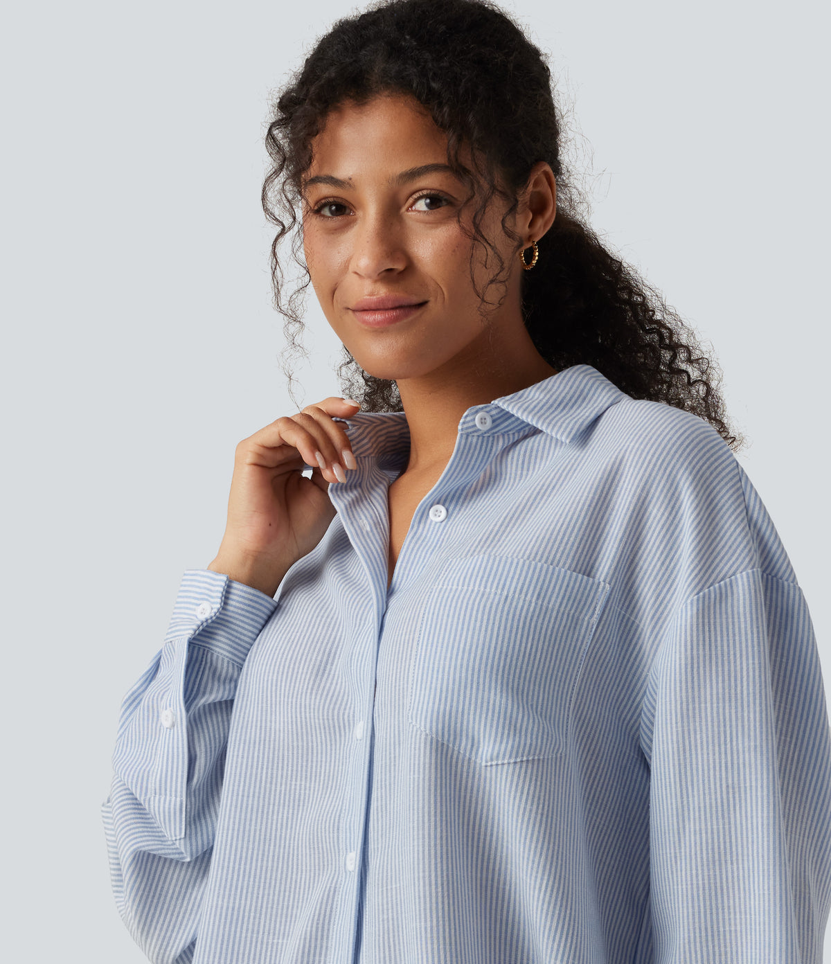 Long Sleeve Curved Hem Stripe Work Linen-Feel Shirt with Pocket — Seven Seas - Nautical Blue & White Stripes — view 5