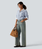 Long Sleeve Curved Hem Stripe Work Linen-Feel Shirt with Pocket — Seven Seas - Nautical Blue & White Stripes — view 6