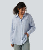 Long Sleeve Curved Hem Stripe Work Linen-Feel Shirt with Pocket — Seven Seas - Nautical Blue & White Stripes — view 4