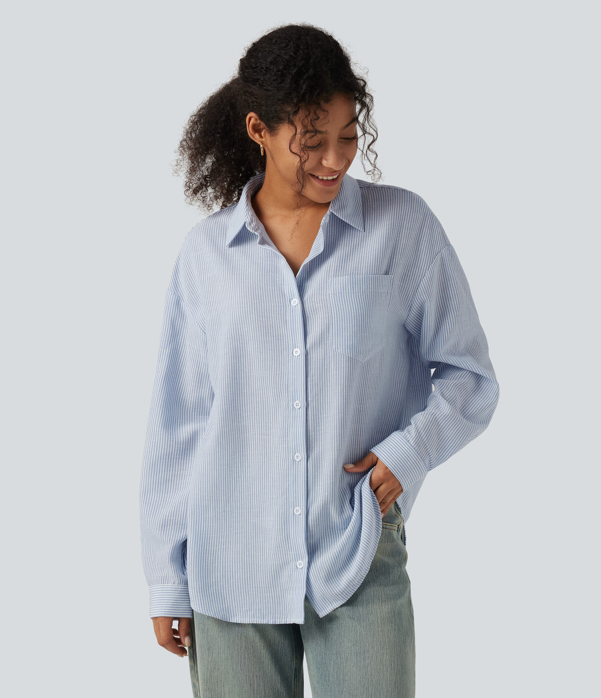 Long Sleeve Curved Hem Stripe Work Linen-Feel Shirt with Pocket — Seven Seas - Nautical Blue & White Stripes — view 4