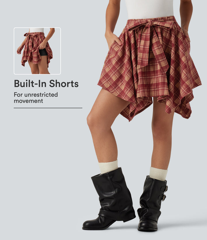 High Waisted Tie Front 2-in-1 Plaid Mini Casual Skirt with Pockets — Sunset Plaid — view 1